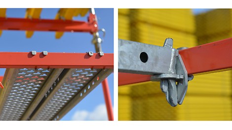 Рама PD5 выполнена из 2-х типов труб: вертикальные круглого сечения и диаметра 57 мм, горизонтальные прямоугольного сечения 60 х 30 мм. Горизонтальное сечение труб в раме соответствует сечению горизонтальных ригелей системы PERI UP Flex. Как результат, можно использовать одну и ту же оснастку для обеих систем (настилы, ригели, соединители).