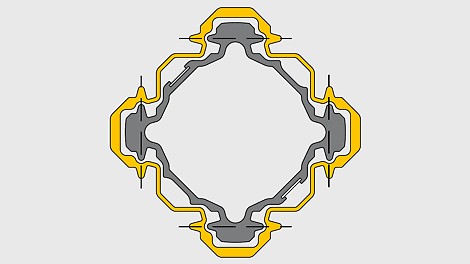 Querschnitt der MULTIPROP Stütze Die Konstruktion der MULTIPROP Stütze steht exemplarisch für optimierte Materialausnutzung: Die Formgebung sorgt für eine hohe Tragfähigkeit der Stütze bei minimiertem Materialbedarf.