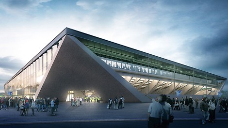 Ansicht des Stadions mit seinem markanten Eingangsportal.