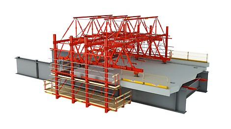 VARIOKIT Composite bridge system - model view with formwork carriage and cantilever bracket The basis of the formwork carriage consists of a longitudinal truss, comprised of the main beams from the HD 200 system. The length can, therefore, be adjusted modularly.