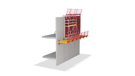 En tant que plate-forme de travail dans la construction de bâtiments, la console pour corniche VGK permet un processus de construction sûr. Les éléments relativement légers sont préassemblés au sol et suspendus à la structure comme une unité de plate-forme complète. En outre, des échafaudages de ferraillage peuvent être fixés à la plate-forme de travail fermée. De cette façon, le travail est effectué à partir d&#039;une position sécurisée, ce qui élimine le besoin d&#039;un échafaudage de façade.
