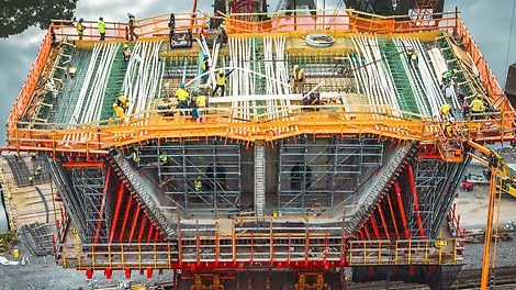 Installation of rebar and post-tensioning in progress, preparing for Pour #3