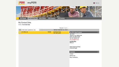 Capture d’écran de la fonction d’aperçu des projets de myPERI<br/>Tableau synoptique du programme myPERI, reprenant les coordonnées de contact chez PERI<br/><br/><br/>