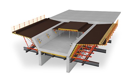 Flexible Lösung mit VARIOKIT Bauteilen zur Herstellung von Außen-, Innen und Deckenschalungen von Brücken