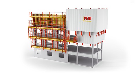 Die Kletterschutzwand kann bei Bedarf um Arbeitsbühnen ergänzt werden und ist auch mit der RCS / RCS Max kombinierbar <br/>