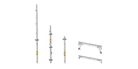 Three new standards with an optimized scaffolding node and two new girders enable high construction heights in the standard configuration.
Optimize edilmiş iskele dikmesi ve iki yeni yatay eleman ile üç yeni standart bileşen, standart konfigürasyonda daha yüksek yerlere ulaşılması sağlamaktadır.