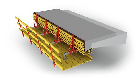 Die leichten Bauteile des VARIOKIT Gesimskappen- und Konsolsystems lassen sich von einer Person per Hubsteiger montieren. Darüber hinaus sind die Konsolen der VARIOKIT Gesimskappenschalung stufenlos und flexibel an unterschiedliche Brückenneigungen anpassbar. Dank der hohen Tragfähigkeit des Sanierungsankers sind große Einflussbreiten realisierbar, was die Anzahl der Ankerstellen deutlich reduziert. Die Bühneneinheiten können vormontiert geliefert und per Kran eingehängt werden. Als Mietlösung verfügbar, verringert das System die anfängliche Kapitalbindung und bietet Bauunternehmen maximale Flexibilität bei der Sanierung von Brücken.