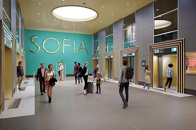 Här tar resenärerna någon av de åtta snabbhissarna till marknivån.<br/><br/>Visionsbild: Region Stockholm/Sweco