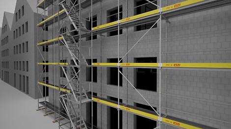 Detailgetreue Simulation Scaffmax rüstet nach den Rüstvorgaben automatisch, baut die Eckverbindungen entsprechend ein und berücksichtigt die Bodenbeschaffenheit.