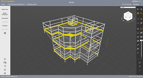 Modèle SET 3D Dans l'outil Scaffold Estimation Tool, vous créez votre échafaudage par glisser-déposer. Les tours, les accès et les autres éléments de l'échafaudage sont simplement placés, tournés et modifiés dans la vue 3D.<br/>