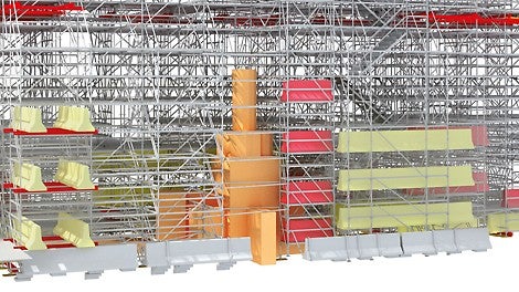 A mixture of ballast and flexible modular scaffold was built around the historic monument. 3D visualisation of the complex structure helped to protect the statue. (3D model: PERI Iberia)<br/>