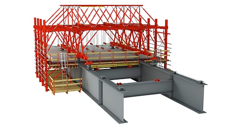VARIOKIT Composite bridge system: The formwork carriage, which consists of rentable standard material, is optimally adapted to the geometrical and static boundary conditions and therefore provides a very cost-effective solution.