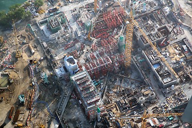 Aerial view of the M+ museum job site in the West Kowloon Cultural District