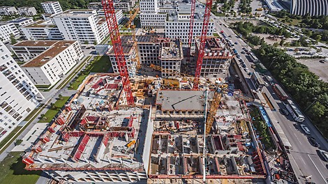 Luftaufnahme der Baustelle im Stadtquartier am Hirschgarten, MK 4 „Friends“, München