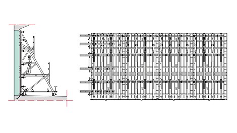 Progetti PERI - Tunnel Audi, Ingolstadt, Germania - Piedritto verticale realizzato con due unità di cassaforma TRIO e puntellazioni di sostegno SB traslabili