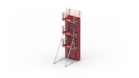 Mit dem Konsolensystem MXK werden sichere und komfortable Arbeitsbühnen an den Rahmenschalungen MAXIMO und TRIO<br/>erstellt. Die Gerüstkonsole MXK-RS bietet dabei die Möglichkeit eine Richtstütze direkt an der Konsole anzuschließen. Dadurch müssen Bordbretter oder Bodenbeläge wegen durchstoßender Richtstützen nicht abgebaut werden – die Arbeitsbühne bleibt barrierefrei.<br/>