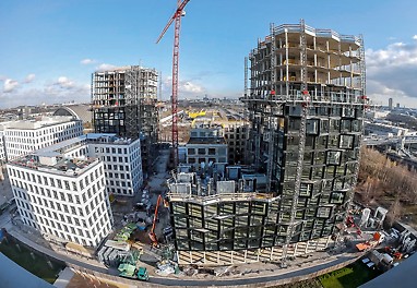 Bird’s eye view of the shell structure of the MK 4 “Friends“, “Stadtquartier am Hirschgarten”, Munich