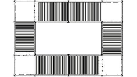 Treppenturm, der rund um ein Treppenauge gebaut ist. Die Grundrissmaße betragen 5,50 m x 8,00 m. In der längeren Richtung werden zwei Treppenläufe mit insgesamt 18 Stufen hintereinander angeordnet.