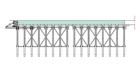 Ground plan of brace frame positions for one concreting cycle length with stopend formwork and tie positions.