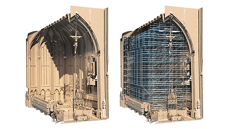 Unutarnji prostor je zbog nedostatka plana postojećeg stanja obuhvaćen 3D laserskim skeniranjem te prikazan u 3D modelu – kao osnova za projektiranje skele u PERI CAD-u.