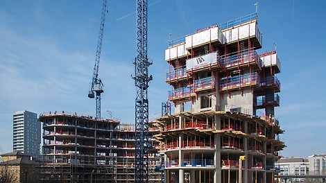 Overall view of construction project showing the different PERI systems used on New Providence Wharf