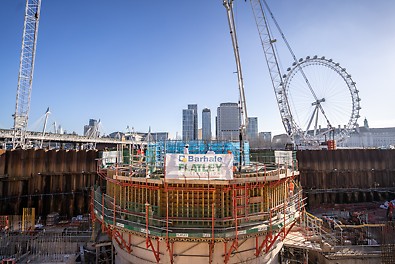 A photo taken in London at the Victoria Embankment. It shows the construction of a shaft to redirect sewage.
