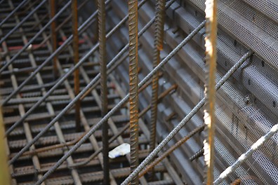 Metal mesh being used during a concrete pour.