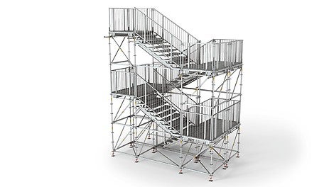 An jedem Podest 150 cm Breite kann die Richtung des Treppenlaufes um 90° oder 180° geändert werden. So entstehen gewinkelte Treppen z.B. als Zugänge zu Podien mit beidseitigen Auf- und Abgängen.