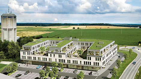 Entworfen wurde das „Jurament“ genannte Gebäude vom Architekturbüro Weiss in Eichstätt. Der Name Jurament erklärt sich aus einem Wortspiel, das den Standort in der Region Altmühl-Jura und den Baustoff Zement verbindet.<br/>(Grafik: Weiss Architekten / Agentur Junges Blut)<br/>
