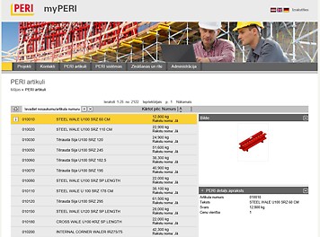 Produktu pārskats par sortimentu, kas ir pieejams no PERI. Noderīga informācijas par PERI sistēmu artikuliem un to specifikācijas.