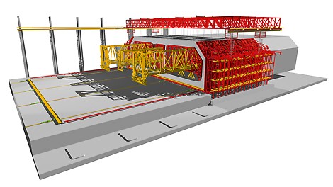Realization of the three-cell cross-section is achieved using the incremental launching method by means of three sets of tunnel formwork as horizontal moving device.