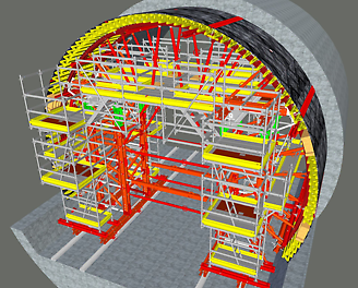 Galerie Gambetta du tunnel EOLE au CNIT, La Défense : image en 3D du projet de tunnel avec étaiements PERI UP et VARIOKIT. (Image : PERI France)<br/>