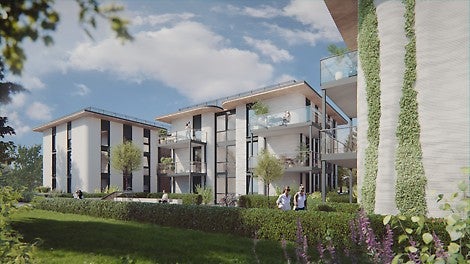 Im Frühsommer 2026 werden die Gebäude für gewerbliches Wohnen bezugsfertig sein. Der künftige Mieter MyStay Scherer wird hier das Boarding-House „HEI³ Apartments – Heidelberg hoch 3” als Serviced Apartments zum Wohnen auf Zeit anbieten.<br/>(Rendering: Korte-Hoffmann Gebäudedruck und PERI 3D Construction)