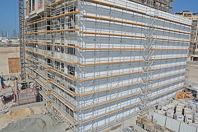 A safe access to higher levels through PERI UP Façade Scaffold