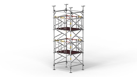 The shoring tower with system-integrated safety for vertical assembly and dismantling