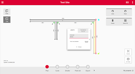 Layout in step plan: In the menu „Select“, users can change the dimensions of their layout (wall thicknesses, delete walls, etc.).
