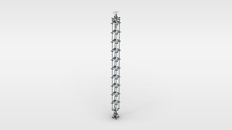 Die vierstielige Schwerlaststütze aus serienmäßigen PERI UP Systemteilen wird zur Ableitung konzentrierter Einzellasten von bis zu 200 kN ein gesetzt.