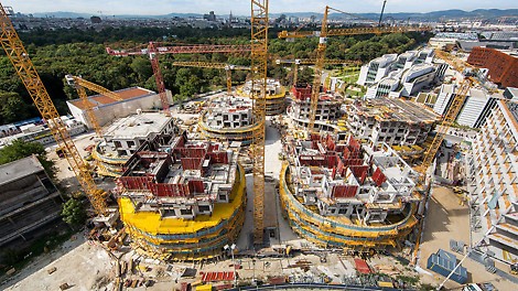 Situated next to the famous Vienna Prater amusement park, seven distinctive and up to 33 m high residential towers are currently being realized.