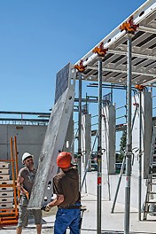 Innovative large panel slab formwork improves degree of safety and economic efficiency On account of the low weight and the ergonomic handling features, no more than two persons are required for the SKYMAX installation process.