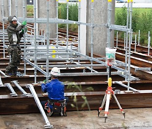 北海道新幹線工事、大野新道橋りょう工事<br/>【ドイツ最新鋭型くさび式保工 PERI-UP ロゼット・STR 100】<br/>