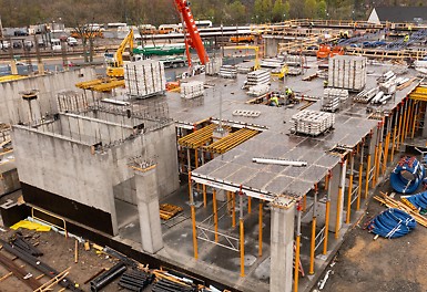 The contractor selected PERI&#039;s SKYDECK drophead shoring system to construct the first level structural slab and second level post-tension slab for the Mattapan Station redevelopment project.