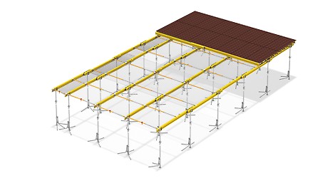 Das neue HAMMOCK Sicherheitssystem dient bei Arbeiten mit der MULTIFLEX Träger-Deckenschalung als auch beim Einsatz von Fertigteildecken als kollektive Absturzsicherung beim Einschalen von oben und fängt größere herabfallende Teile auf.