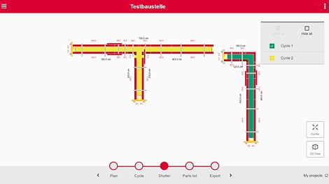 PERI QuickSolve | MAXIMO Planner Layout in step Shutter: Calculated shuttering in 2D-View.