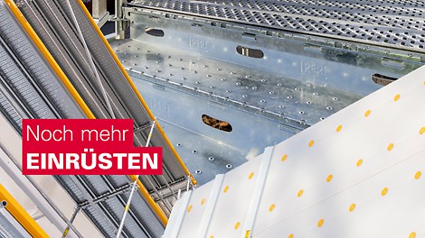 Kollage der drei neuen PERI Produkte PERI UP Treppe Public, PERI UP Cladding und Easy Stiel Evo