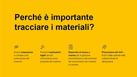 Il tracciamento dei materiali migliora l’efficienza in cantiere, aumenta la sicurezza, ottimizza la gestione degli interventi di manutenzione e garantisce maggiore tracciabilità, rendendolo uno strumento indispensabile per ogni progetto edilizio.