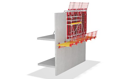 As a working platform in building construction, VGK enables a safe construction process. The light components are pre-assembled on the ground and suspended from the structure as a complete platform unit. The enclosed work platforms can be supplemented with reinforcement scaffolds, allowing the work to be carried out from a secured position.