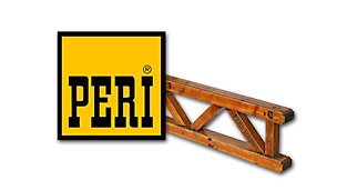 Tak wyglądało logo PERI w 1969 r. Na zdjęciu znajduje się również dźwigar T70, jeden z pierwszych docenionych przez użytkowników produktów PERI.