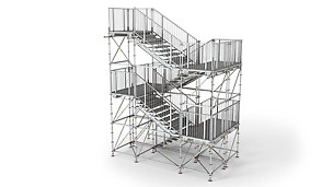An jedem Podest 150 cm Breite kann die Richtung des Treppenlaufes um 90° oder 180° geändert werden. So entstehen gewinkelte Treppen z.B. als Zugänge zu Podien mit beidseitigen Auf- und Abgängen.