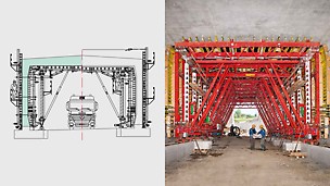 The planning for the tunnel formwork carriage took into consideration unobstructed site traffic: HD 200 Heavy-Duty Props and VARIOKIT Diagonal Struts transfer the loads into the existing strip foundations.