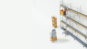 Thanks to the removable transport boxes, the STS 300 Scaffold Transport System makes it possible to transport scaffolding components horizontally as well as vertically.